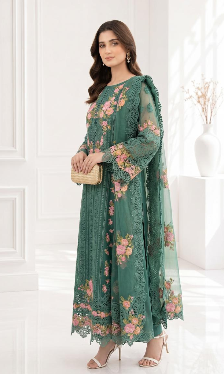 Green Luxe - 4PC Embroidered Organza Formal