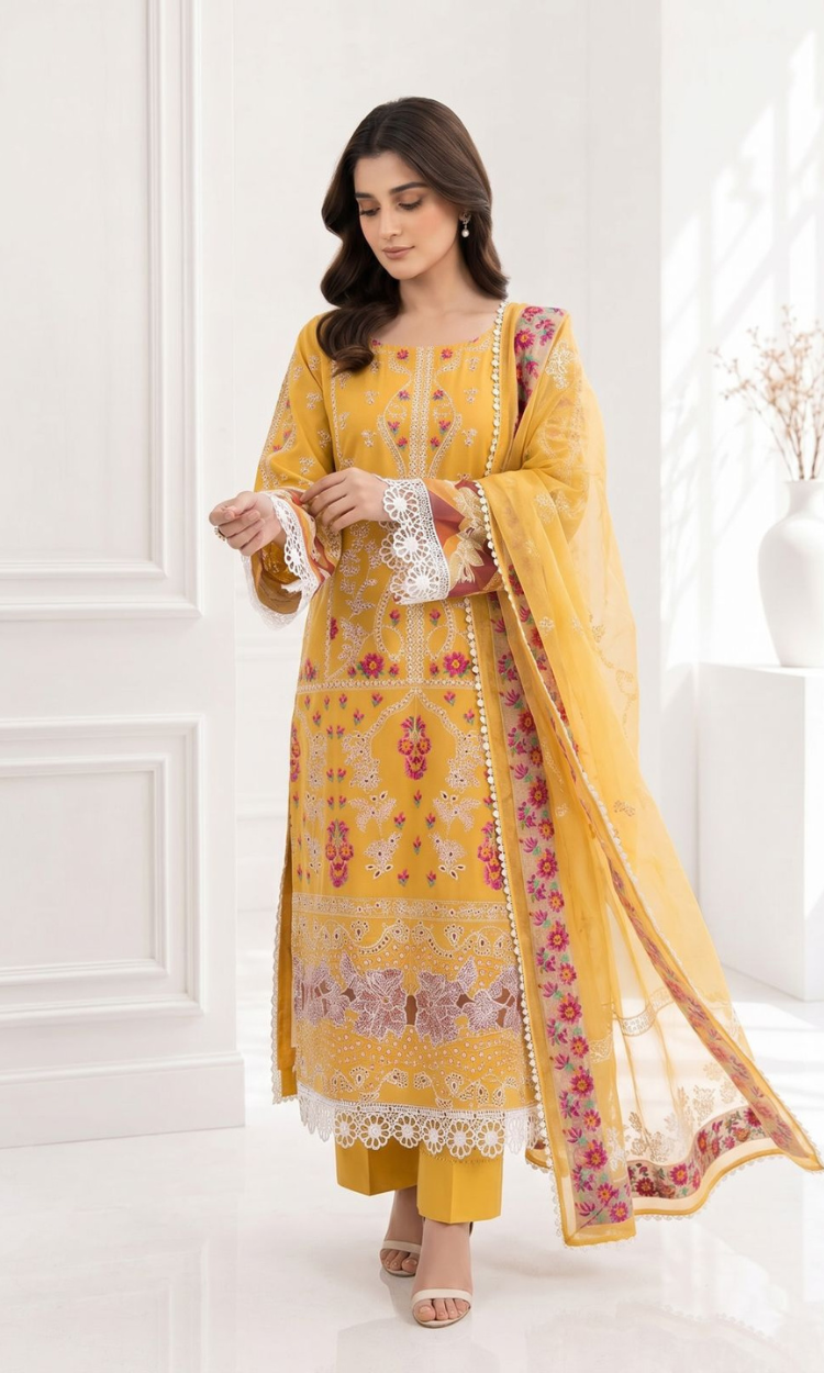 Yellow charm – 3PC Pret Embroidered Lawn
