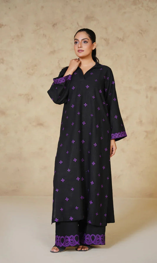 Black Embroidered Irish Cotton Linen Two Piece Suit