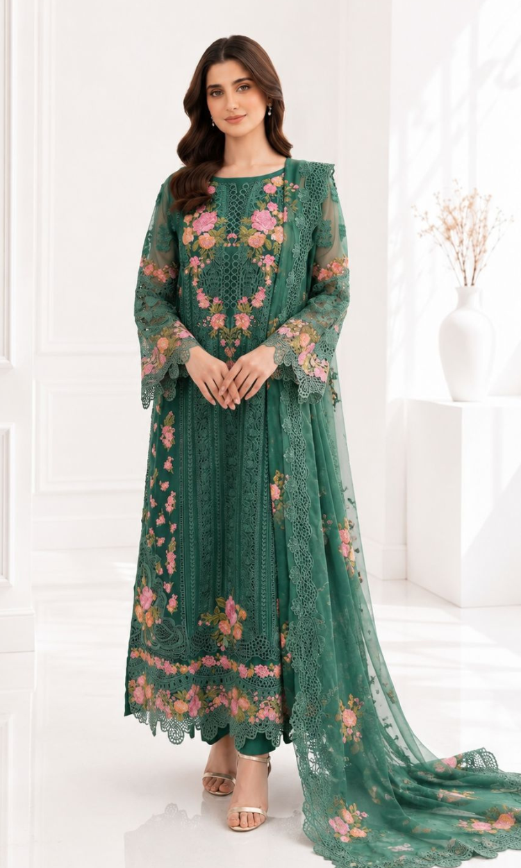 Green Luxe - 4PC Embroidered Organza Formal
