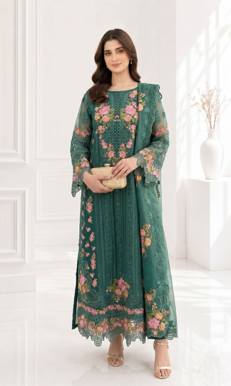 Green Luxe - 4PC Embroidered Organza Formal