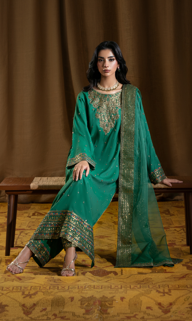 Zahra — Pine Green Luxury Embroidered Raw Silk 3-Piece Suit