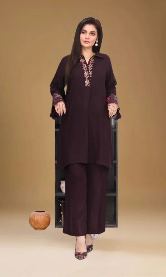 AF 703 Peach Wool 2 Piece Stitched Embroidered Suit with Asymmetric Cut