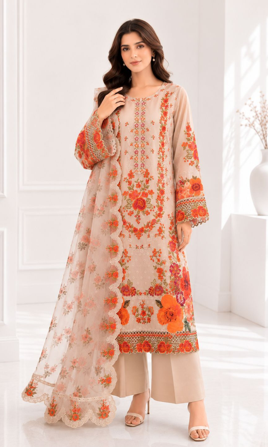Dil Ruba Fresh Beige Embroidered 3 Piece Suit