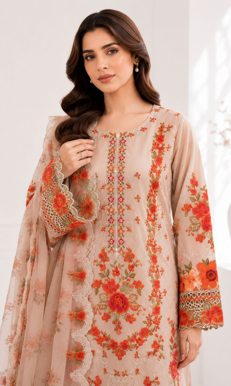 Dil Ruba Fresh Beige Embroidered 3 Piece Suit