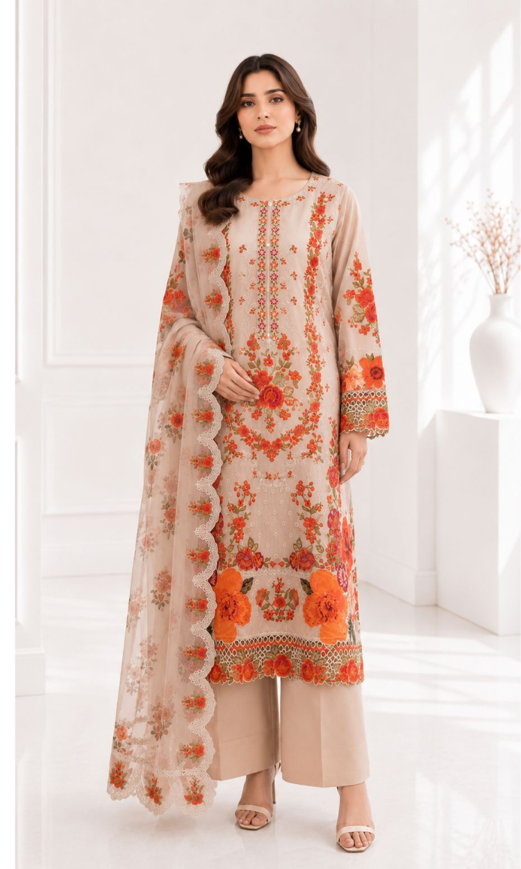 Dil Ruba Fresh Beige Embroidered 3 Piece Suit