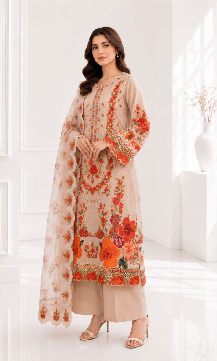 Dil Ruba Fresh Beige Embroidered 3 Piece Suit