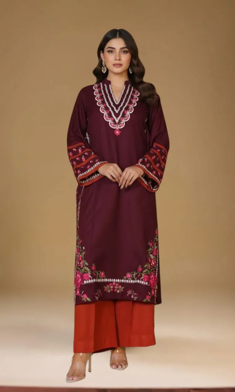 Maroon Rust Contrast Embroidered Two Piece Suit