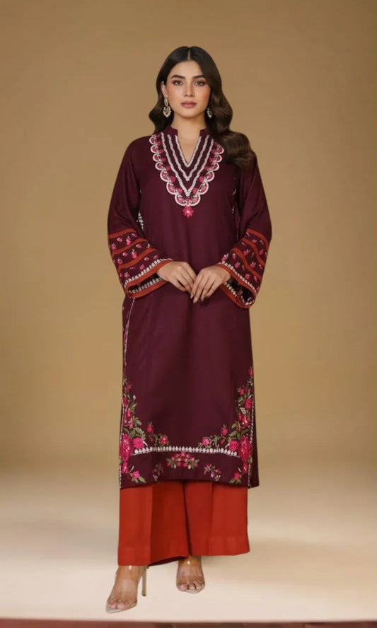 Maroon Rust Contrast Embroidered Two Piece Suit