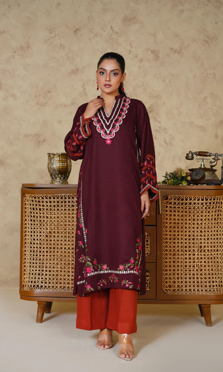 Maroon Rust Contrast Embroidered Two Piece Suit