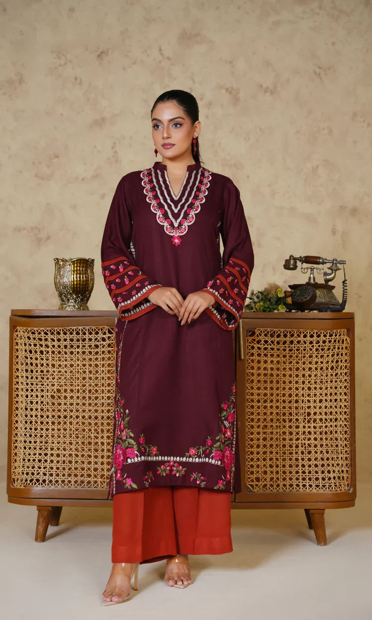 Maroon Rust Contrast Embroidered Two Piece Suit