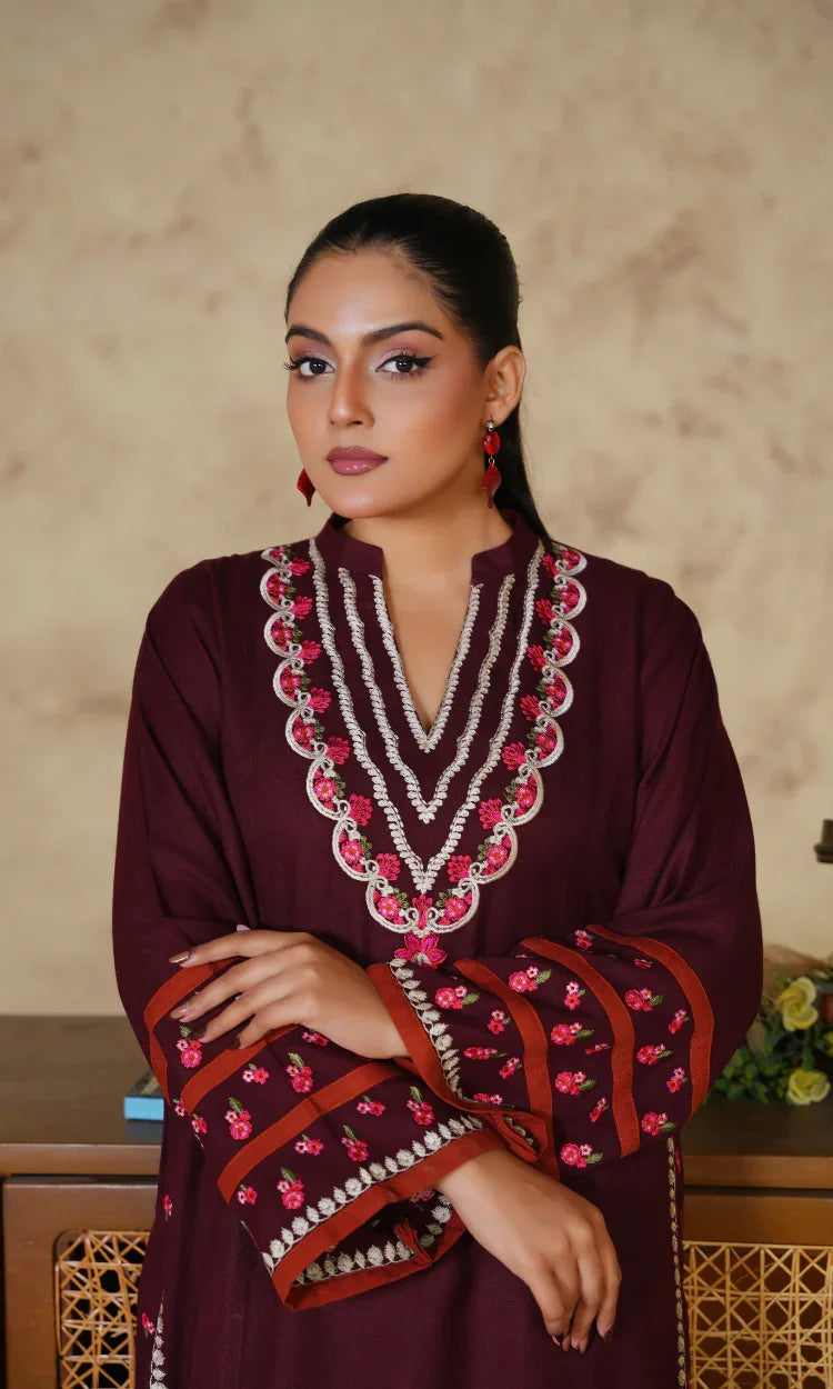 Maroon Rust Contrast Embroidered Two Piece Suit