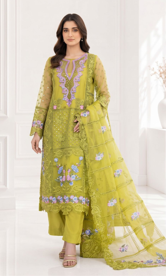 Organza 003 Olive Green Embroidered Organza 4 Piece Formal Suit