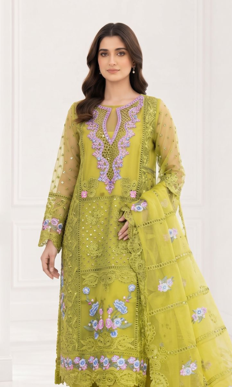 Organza 003 Olive Green Embroidered Organza 4 Piece Formal Suit