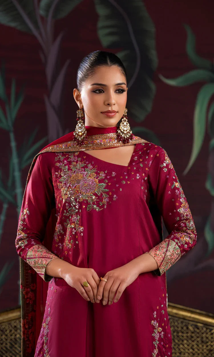 SK009 Designer Maroon Sheesha Silk Three Piece Suit