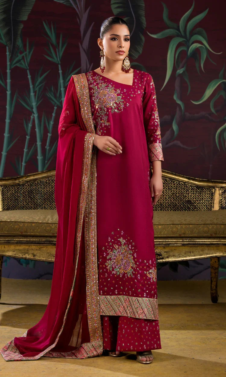 SK009 Designer Maroon Sheesha Silk Three Piece Suit