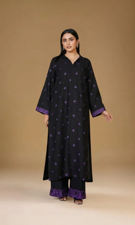 Black Embroidered Irish Cotton Linen Two Piece Suit