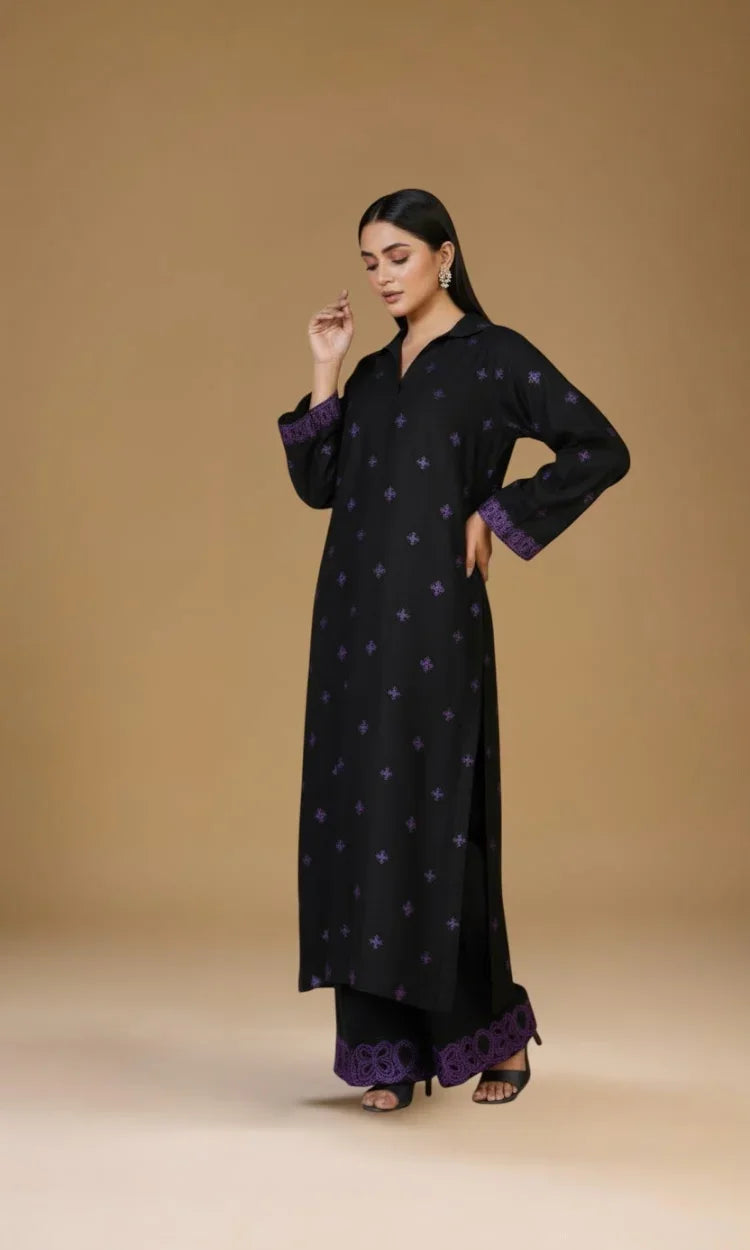 Black Embroidered Irish Cotton Linen Two Piece Suit