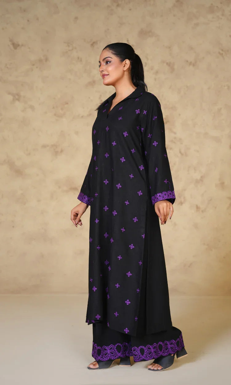 Black Embroidered Irish Cotton Linen Two Piece Suit