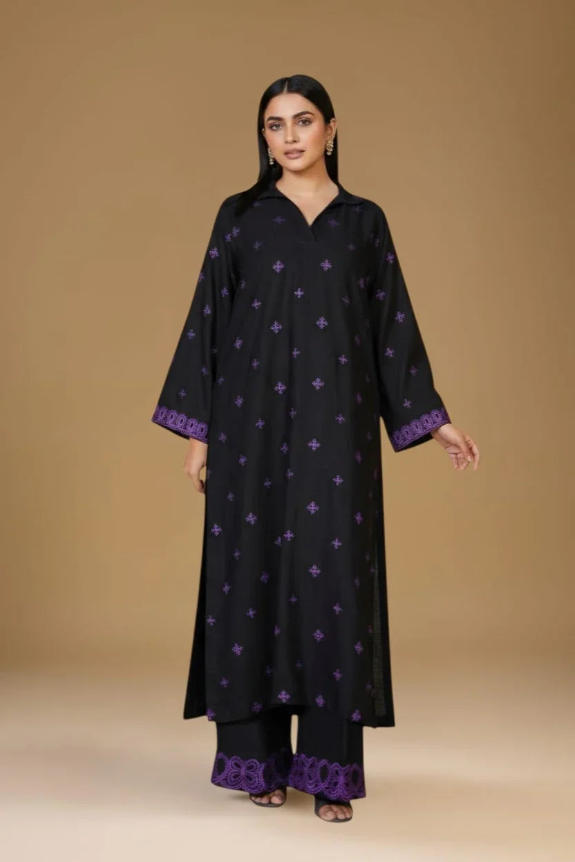 Black Embroidered Irish Cotton Linen Two Piece Suit