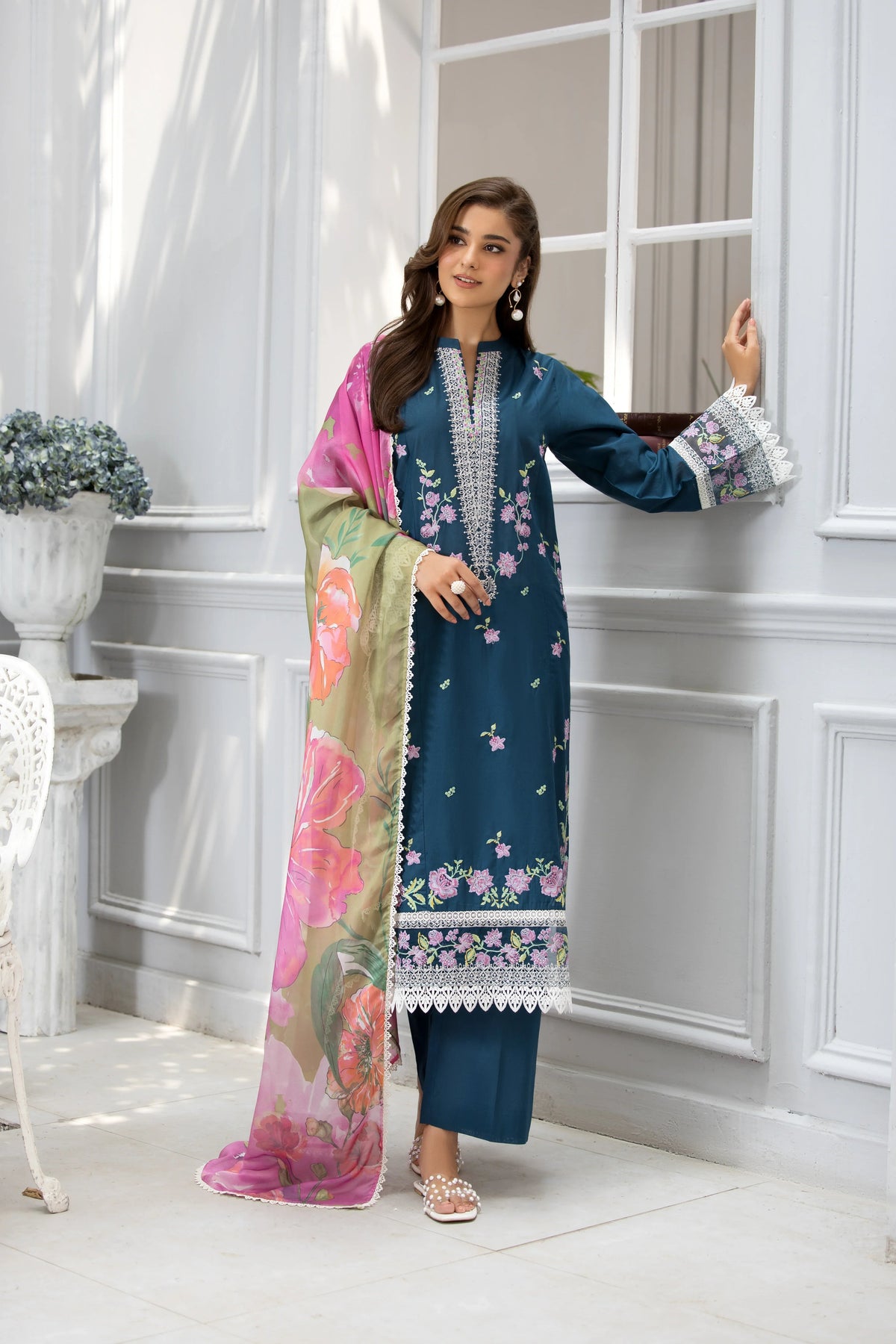 Teal Flora Embroidered Elegance in Every Thread