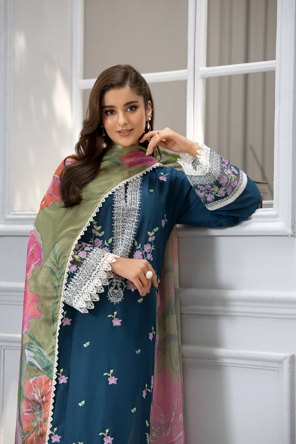 Teal Flora Embroidered Elegance in Every Thread