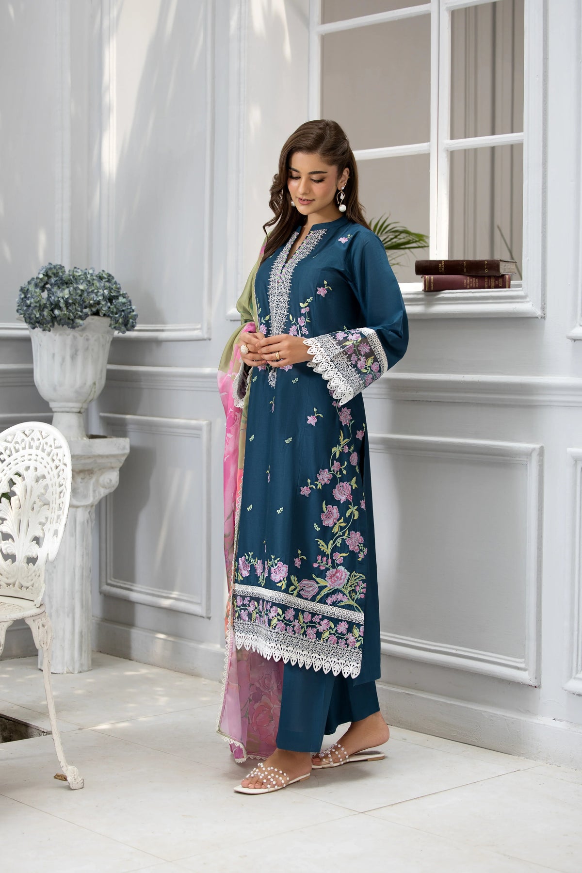 Teal Flora Embroidered Elegance in Every Thread