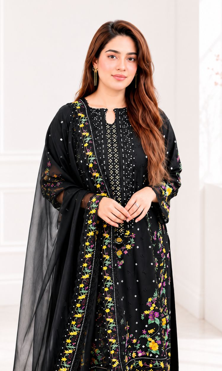 Black Lily Embroidered 3 Piece Suit