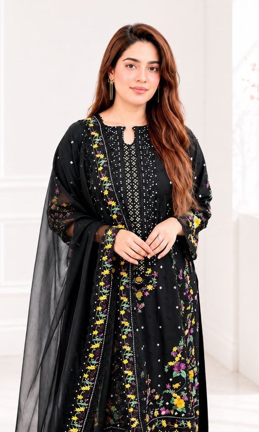 Black Lily Embroidered 3 Piece Suit