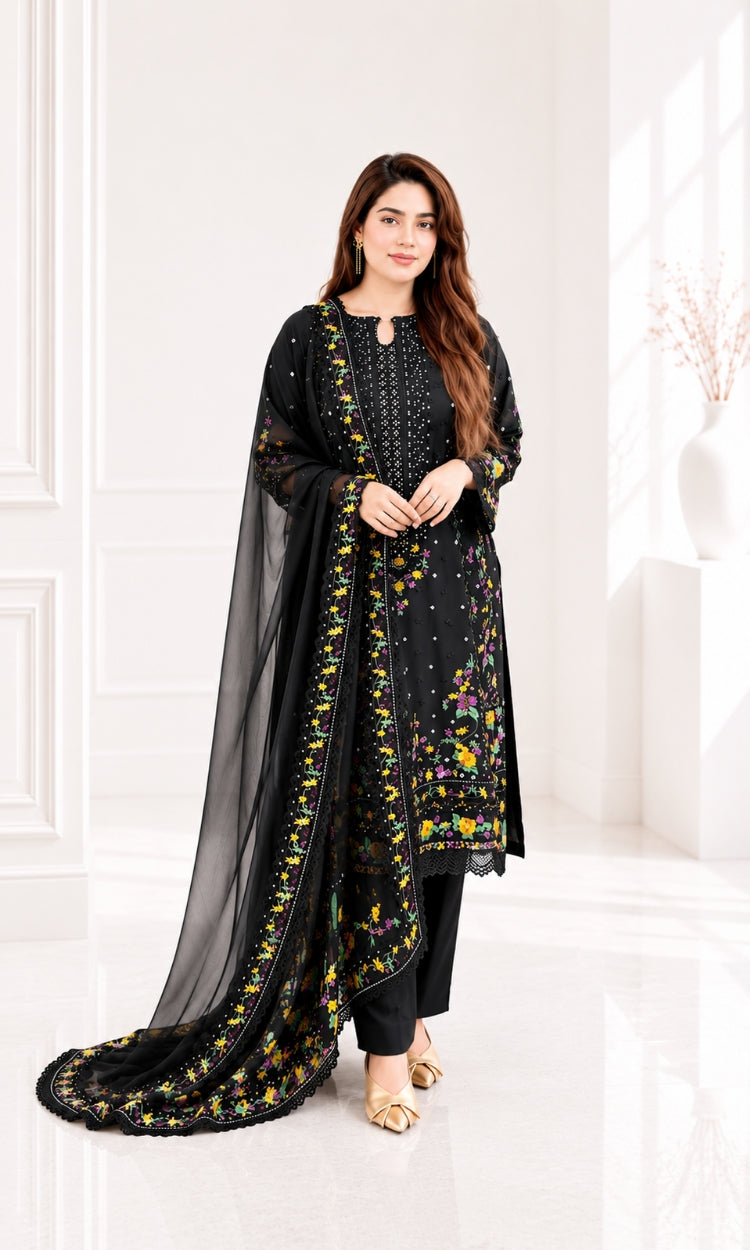 Black Lily Embroidered 3 Piece Suit